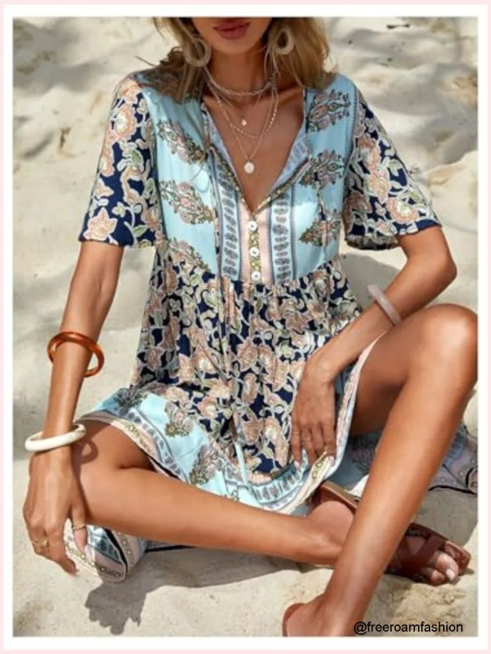 Short Sleeve V Neck Tie Front Babydoll Flowy Ruffle Summer Beach Dress - Picture 4 of 5